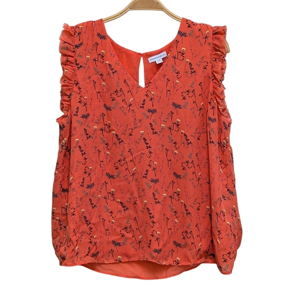 Katherine Barclay Orange Floral Sleeveless Ruffle V Neck Blouse Large